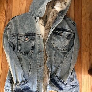 hooded faux fur jean jacket